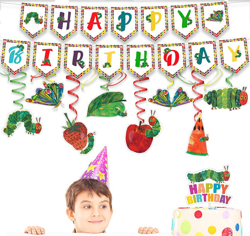 The Very Hungry Caterpillar Birthday Decorations Set - Kids Reading Story Theme Swirls Streamers Garland Banner and Cake Topper Party Supplies