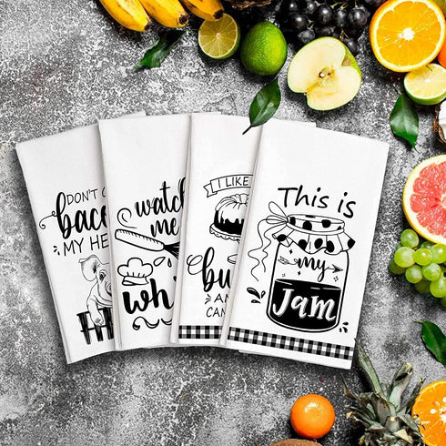 Kamalove Funny Kitchen Towels and Dishcloths Sets of 4 - Dish Towels with Sayings - House Warming Presents for New Home, Gifts for Women, Farmhouse Kitchen Decor, White