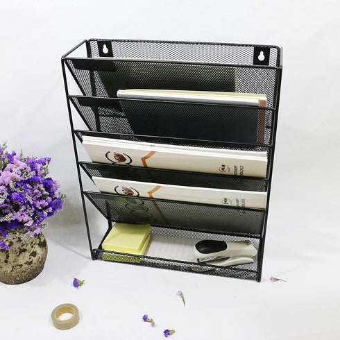 Wall File Mesh Organizer - 5 Pockets - Hanging Letter & Document Holder - Black - for Office and Home