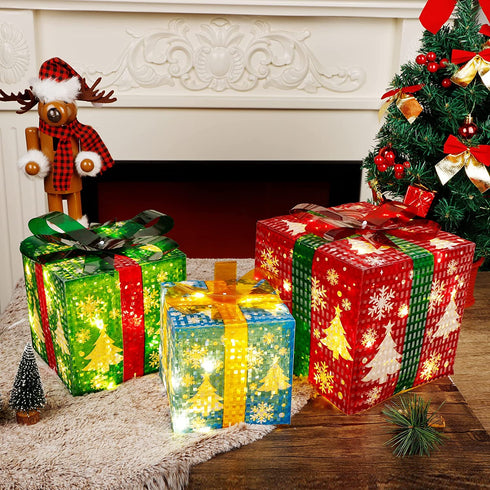 GUOOU Set of 3 Lighted Gift Boxes Christmas Decorations, 60 LED Lighted Snowflake Christmas Tree Present Boxes, Christmas Home Gift Box Decorations