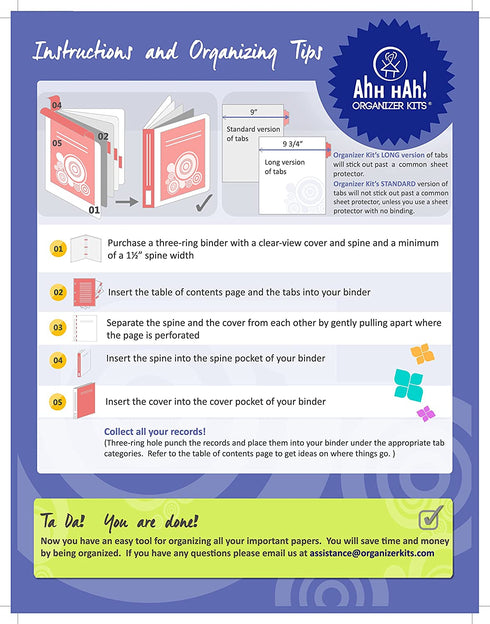 Ahh Hah! Family Recipe Organizer Kits: LONG Index Tabs for Three-ring Binder with Cover