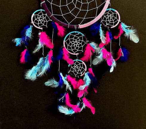 OMA Dream Catcher - Hand Made Traditional Tie Dye Colors Turquoise, Pink & Purple Feathers - 9" Diameter & 30" Long