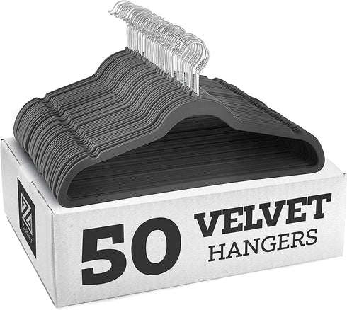 Zober Premium Quality Space Saving Velvet Hangers Strong and Durable Hold Up to 10 Lbs - 360 Degree Chrome Swivel Hook - Ultra Thin Non Slip Suit Hangers, Grey - 50 Pack