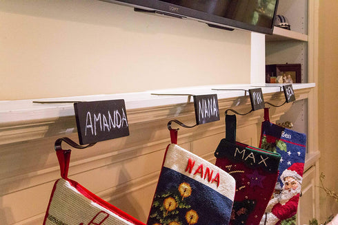 Elf Logic - 4 Pack Personalized Christmas Stocking Holder - Elegant, Adjustable, Metal Stocking Hooks - Low Profile Christmas Fireplace Hooks/Mantle Clips (4 Pack)