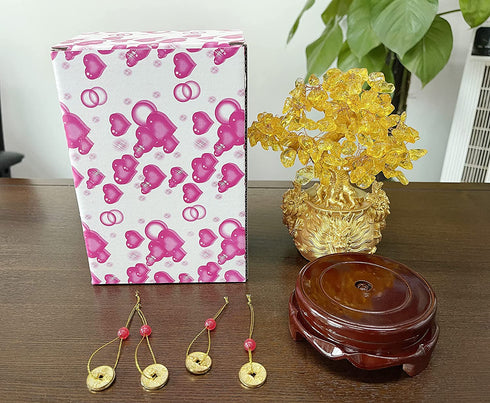 Feng Shui Decor Plants Flowers Artificial Trees Yellow Crytal Citrine Money Tree with Chinese Dragon Flowerpot About 7.1 Inches with Rotating Sandalwood Base Chinese Copper Coin String Decoration