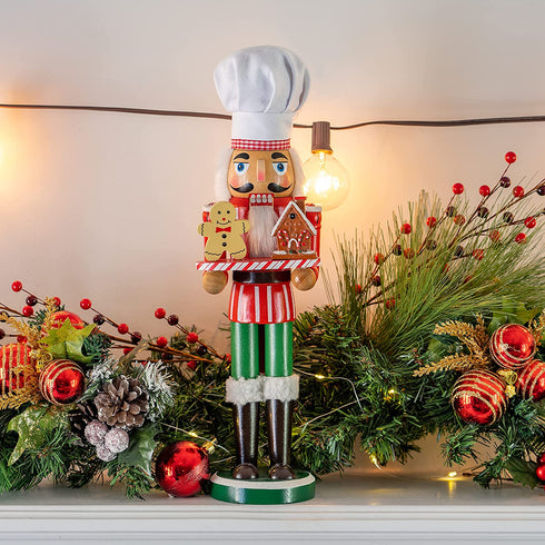 Ornativity Christmas Chef Nutcracker Figure Wooden Chef Hat Nutcracker with Gingerbread Man and House Holiday Decoration