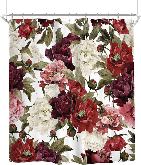 Homewelle Burgundy Floral Shower Curtain Watercolor Rustic Flower Rose Red White Girl Retro Leaves Blossom Peony Woman 60Wx72L Inch Waterproof 12 Pack Shower Hooks Polyester Fabric Bathroom Bathtub