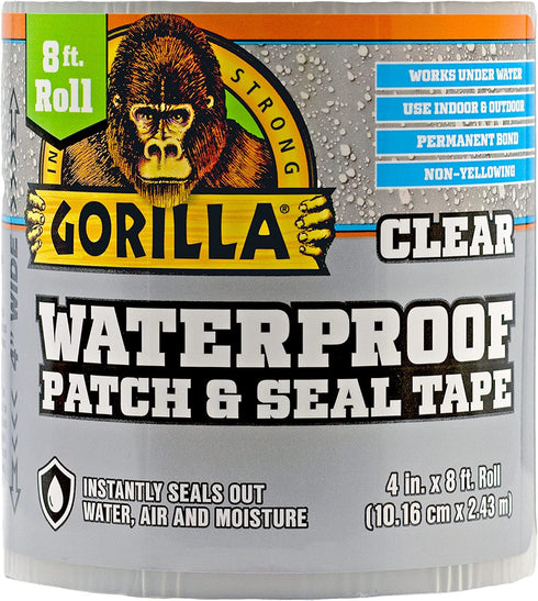 Gorilla Waterproof Patch & Seal Tape, 4" x 8', Clear, (Pack of 1)