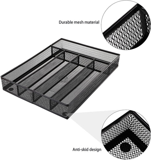 Cedilis Cutlery Tray, 5 Compartments Flatware Organizers, Metal Kitchen Utensil Drawer Silverware Tray, The Mesh Collection for Knives Spoons Forks with 4 Foam Feet, Black