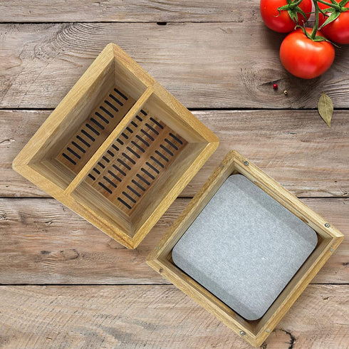 Drip Protection Wooden Utensil Holder 100% Acacia wood kitchen cutlery organizer storage for countertop with water absorbent diatomaceous earth mat to keep your utensils dry and clean