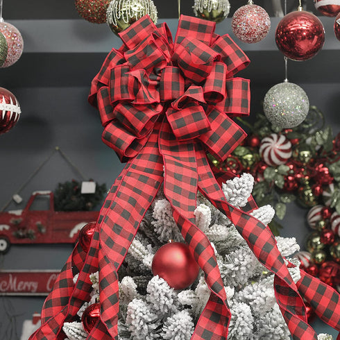MoonXmas Christmas Tree Topper, Red and Black Buffalo Plaid Christmas Bows for Xmas Holiday Party Decoration.