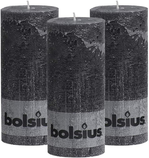 BOLSIUS Rustic Anthracite (Black) Unscented Pillar Candles - 2.75" X 7.5" Decoration Candles Set of 3 - Clean Burning Dinner Candles for Wedding & Home Decor Party Restaurant Spa- Aprox (190/68m)