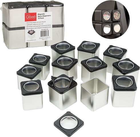 Magnetic Spice Jars- Shake or Pour Containers Attach to Most Refrigerator Doors- Set of 12 Dispensers- Easy Open Window Top Shakers