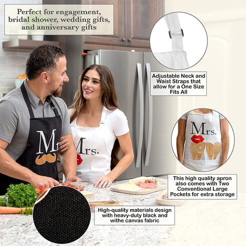 Mr and Mrs Aprons Kitchen Bundle - Includes Adjustable His and Her Aprons, Date night Cookbook, 2 Oven Mitts & 1 Pot Holder - Perfect Newlywed Gift for Bridal Shower, Housewarming & Weddings