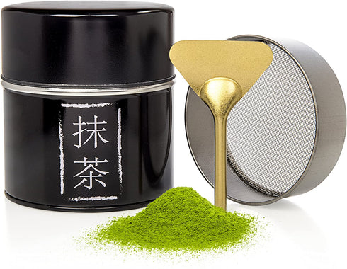 Tealyra - Matcha Plated Aluminum Tin and Stainless Steel Mesh Sifter and Scoop - Matcha Green Tea Strainer Can - Removable Sifter Part - Make Perfect Matcha - Holds Up To 113g (4-ounce)