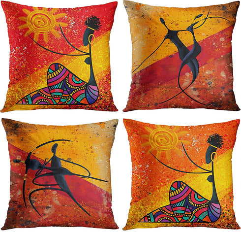 Emvency Set of 4 Throw Pillow Covers Modern Artistic Red and Orange Oil Painting Couple Dancing African Ethnic Tribe Decorative Pillow Cases Home Decor Standard Square 18x18 Inches Pillowcases