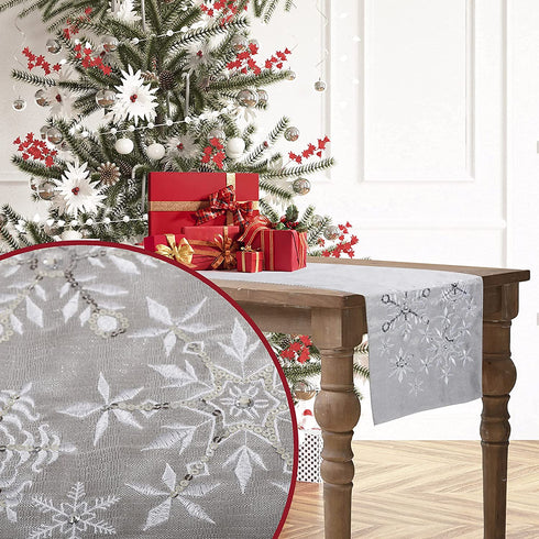OWENIE Christmas Table Runners, Snowflake Silver Grey Table Runner, Xmas Holiday Tabletop Decor, Embroidery Table Centerpieces with Sequins and Diamonds, Glittering Winter Home Decorations, 14X70 Inch