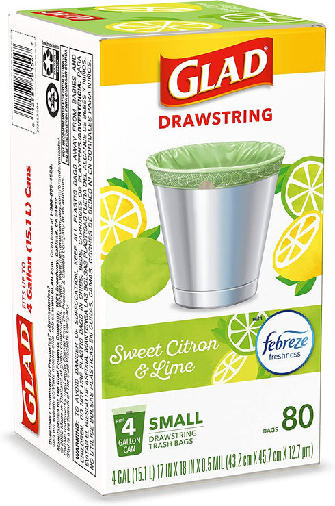 Glad Small Kitchen Drawstring Trash Bags 4 Gallon Green Trash Bag Febreze , Sweet Citron & Lime, 80 Count (Package May Vary)