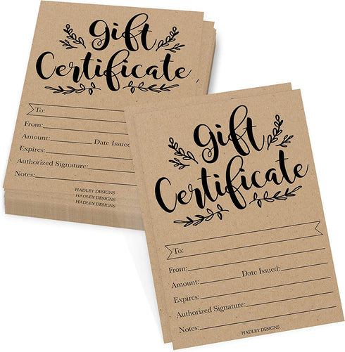 25 Rustic Blank Gift Certificates for Small Business, Black Kraft Paper Voucher for Massage, Hair & Nail Salon Spa, Restaurants, and DIY Coupon Cards for Birthday, Mom Valentines Day, Him & Her, 5x7"