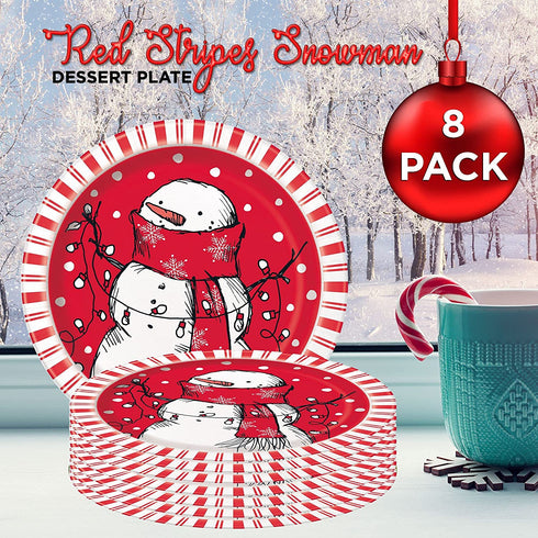 Unique Red Stripes Snowman Dinnerware Party Bundle | Dinner & Dessert Plates, Large & Small Napkins | Candy Cane Paper Disposable Kids Christmas Holiday Dessert Dinner Set