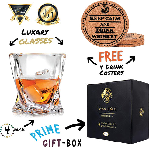 VACI GLASS Crystal Whiskey Glasses - Set of 4 - with 4 Drink Coasters, Crystal Scotch Glass, Malt or Bourbon, Glassware Set