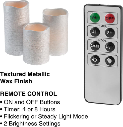 Lavish Home 80-FC1003 Flameless LED Powered Pillar Candles with Remote (Set of 3), Silver Metallic