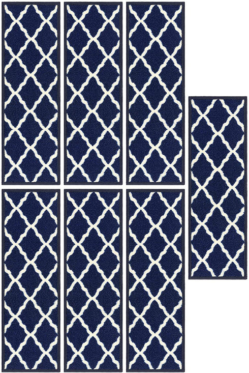 Ottomanson Glamour Collection Non-slip Trellis Design Stair Treads, 9" x 26", Navy, 7 Pack