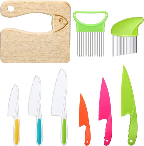 9 Pieces Wooden Kids Kitchen Knife, Include 6 Pieces Kids Plastic Knife Wooden Kids Knife Potato Slicers and Onion Slicer Wood Kids Knife Kids Plastic Knife for Kitchen (Fish Style)