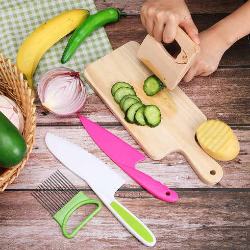 9 Pieces Wooden Kids Kitchen Knife, Include 6 Pieces Kids Plastic Knife Wooden Kids Knife Potato Slicers and Onion Slicer Wood Kids Knife Kids Plastic Knife for Kitchen (Fish Style)
