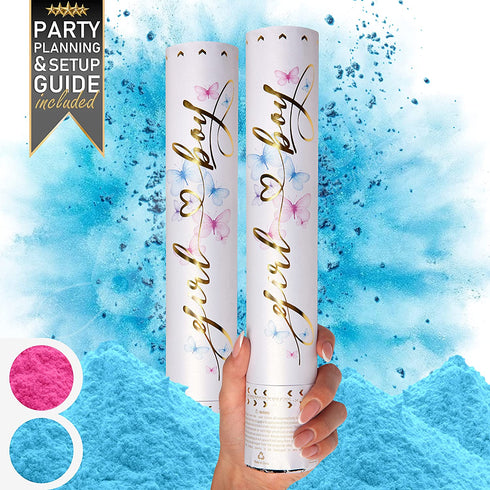 Premium Gender Reveal Confetti Cannon - Set of 2 - Biodegradable Powder in Blue or Pink, for Baby Gender Reveal Party Supplies and Gender Reveal Decorations with Gender Reveal Powder Cannon
