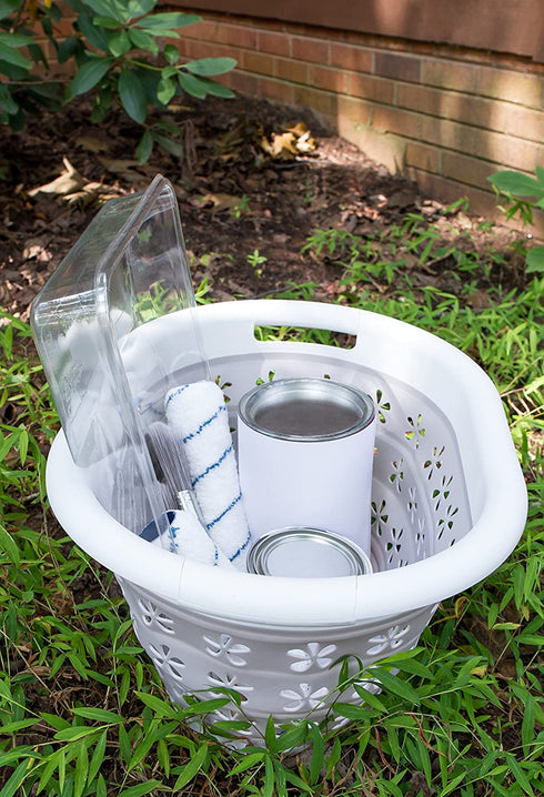 Camco White/Taupe Collapsible Utility/Laundry Basket Perfect for Homes, Boats, and RVs Easy Grip Carrying Handles - Foldable for Compact Storage,small - 51951