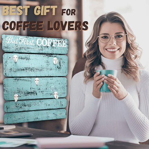 TREE IN BLUE Wooden Coffee Mug Holder - 17 X 13 Inch Eggshell Blue Wall Mounted Rustic Wood Cup Organizer 5 hooks, But First Coffee Sign Wall Decor, Mug Rack Display Shelf, Home Kitchen Storage