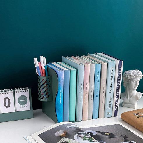Adjustable Bookend Metal Book Ends Nonskid Bookends Desk Bookshelf Book Rack Binder Holder, Book End for Heavy Book Holder, Desk Books Organizer (Green)