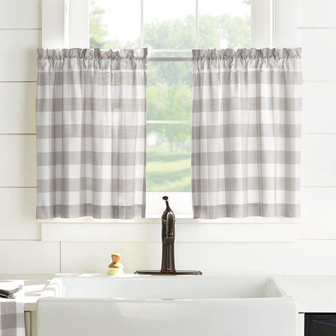 Elrene Home Fashions Farmhouse Living Buffalo-Check Tier Curtain Set for Bathroom or Kitchen Curtains, 30" x 36"(Set of 2 Tiers), Gray/White