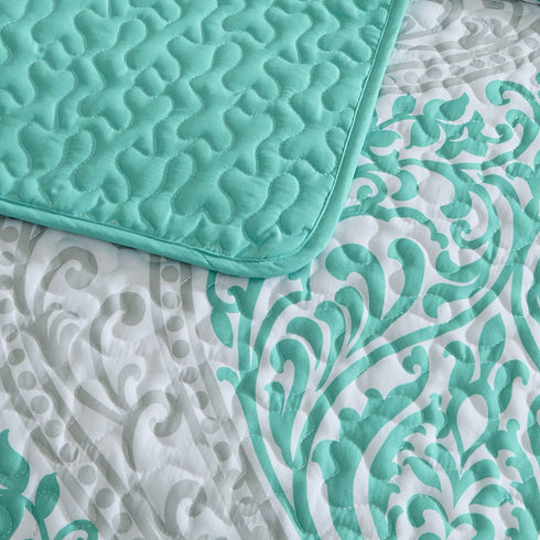 Comfort Spaces Coco 2 Piece Quilt Coverlet Bedspread Ultra Soft Printed Damask Pattern Hypoallergenic Bedding Set, Twin/Twin XL, Teal - Grey
