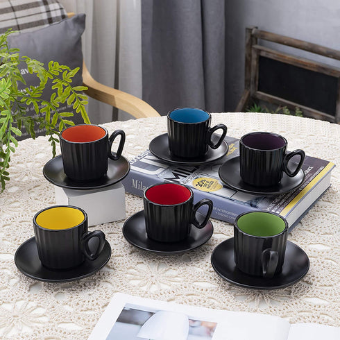 4 Ounce Espresso Set of 6 Cups with Saucers by Bruntmor - Demitasse Cups, Perfect for Espresso, Cappuccino, Coffee Latte (Matte Black)