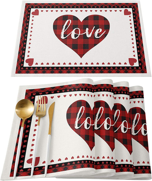 Valentines Placemats Set of 6 Love Hearts Placemats for Dining Table Red And Black Buffalo Check Plaid Tablemats For Home Wedding Party Valentine's Day Table Decorations Non-Slip Table Mats, 12x18 In