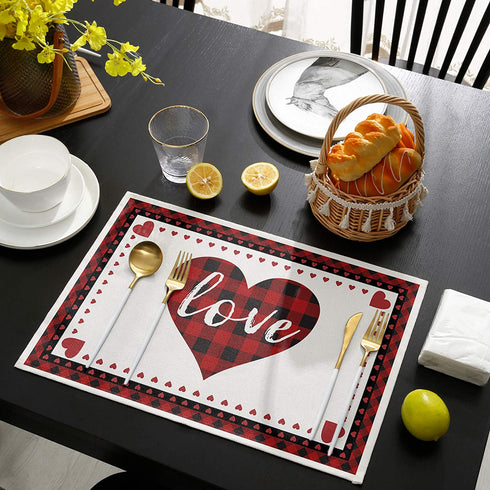 Valentines Placemats Set of 6 Love Hearts Placemats for Dining Table Red And Black Buffalo Check Plaid Tablemats For Home Wedding Party Valentine's Day Table Decorations Non-Slip Table Mats, 12x18 In