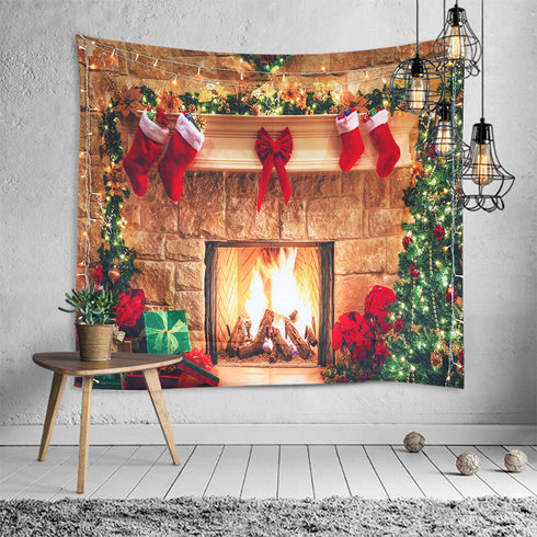 Sevendec Christmas Tapestry Wall Hanging Fireplace Xmas Tree Stockings Gifts Wall Tapestry for Party Livingroom Bedroom Dorm Home Decor W90" x L71"