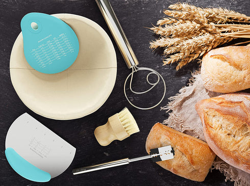 Professional Bread Proofing Basket Set - 6PCS 9inch Round Banneton Proofing Basket Kit with Stainless Steel Bread Lame & Danish Dough Whisk - Banneton Basket with Scraper & Cutter - Sourdough Bread Baking Supplies