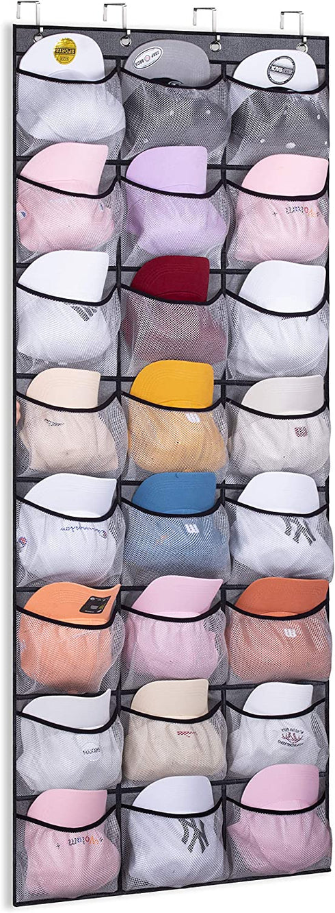 KEETDY 24 Baseball Hat Rack for Door Large Hat Organizer for Baseball Caps with Elastic Pockets Caps Holder Protect and Display Hat Storage, Gray