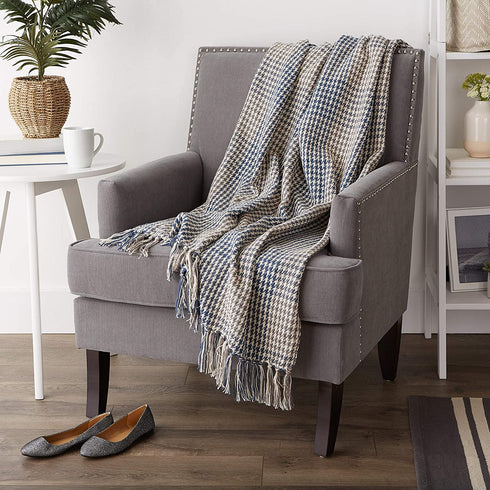 DII French Blue & Gray Houndstooth Plaid Throw, 50x60 with 2.5" Fringe