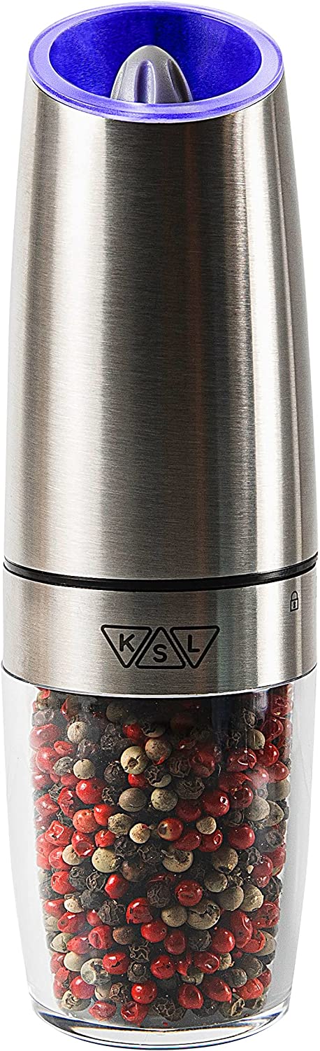 KSL Gravity Electric Salt and Pepper Grinder - Battery Operated Auto Mill, Automatic Shaker w/ Light