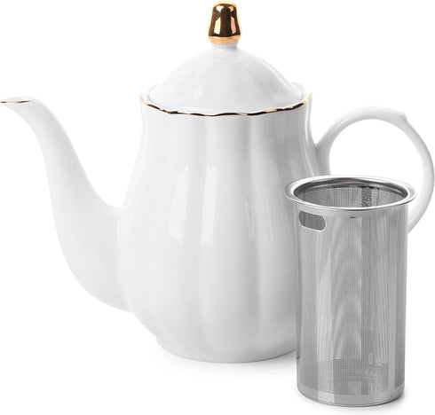 BTaT- Porcelain Tea Pot with Stainless Steel Infuser, 38 oz, White, Tea Pot with Gold Trim, Teapot with Infuser, Porcelain Teapot, Tea Brewing Pot, Teapots for Loose Tea, Tea Pot with Strainer