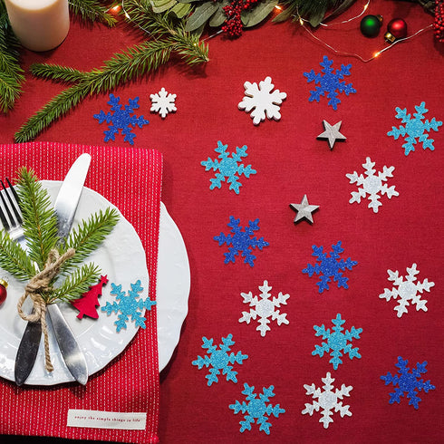 100 Pieces Snowflake Confetti Double-sided Sprinkles Christmas Snowflake Confetti Glitter Snowflake Confetti Decoration for Christmas Baby Shower Birthday Party Supplies (Silver, Blue, Royal Blue)