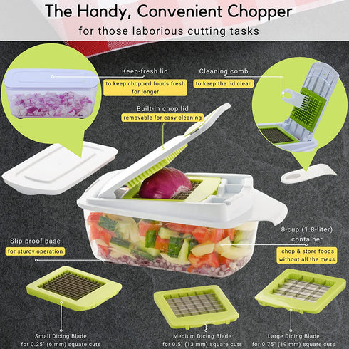 Brieftons QuickPush Food Chopper: Strongest & 200% More Container Capacity, 30% Heavier Duty, Kitchen Vegetable Fruit Dicer, Onion Tomato Potato Fries Cutter, with 3 Dicing Blades & Keep-Fresh Lid