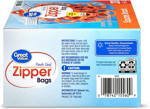 Great Value Zipper Square Snack Bags Value Pack of 2