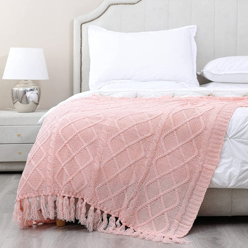Solid Soft Cozy Cable Knitted Blanket Throw, Lightweight Decorative Textured Throw Blanket with Fringes for Couch Chairs Bed Sofa, Pink, 50"x 60"