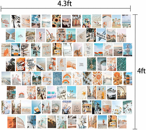KOSKIMER 100PCS Blue Wall Collage Kit Aesthetic Pictures, 100 Set 4x6 Inch, Summer Beach Room Decor Aesthetic, Cute VSCO Posters for Teen Girls, Preppy Bedroom Decor, Vibey Photo Collage Kit for Dorm