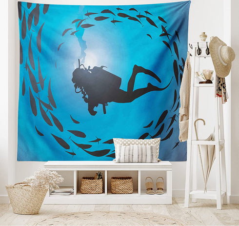 Ambesonne Under the Sea Tapestry, Diver Surrounded with Jamb of Fishes Scuba Snorkel Aqualung Water Sports, Wide Wall Hanging for Bedroom Living Room Dorm, 60" X 40", Dark Blue Aqua